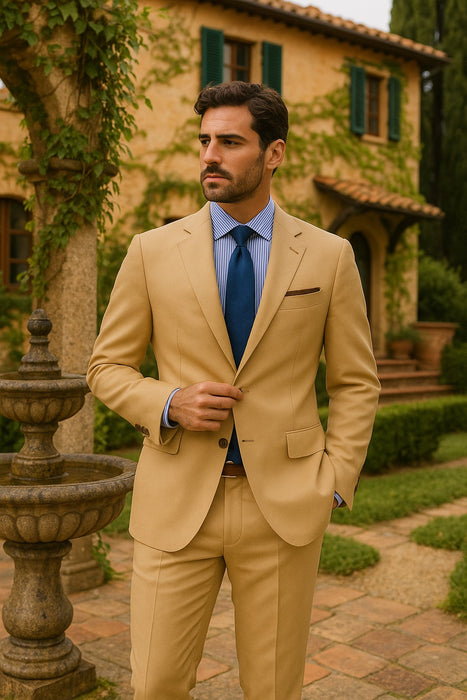 Men's Sand Linen Tapered Cutting Two Button Suit - Mens Linen Suit