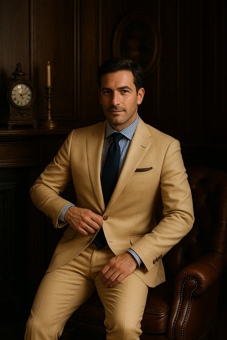 Men's Sand Linen Tapered Cutting Two Button Suit - Mens Linen Suit