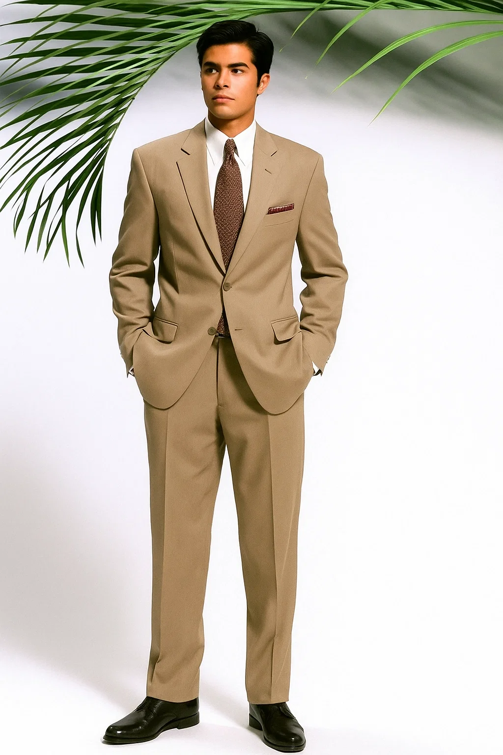 Men's Two Button Slim Cut Fitted Light Tan ~ Beige Cheap Priced Business Suits Clearance Sale - Image 2