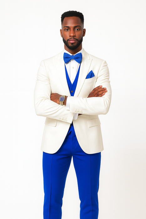 White and Royal Blue Tuxedo Wedding Suit - White Dinner Jacket + Vest + Pants + Bow-tie