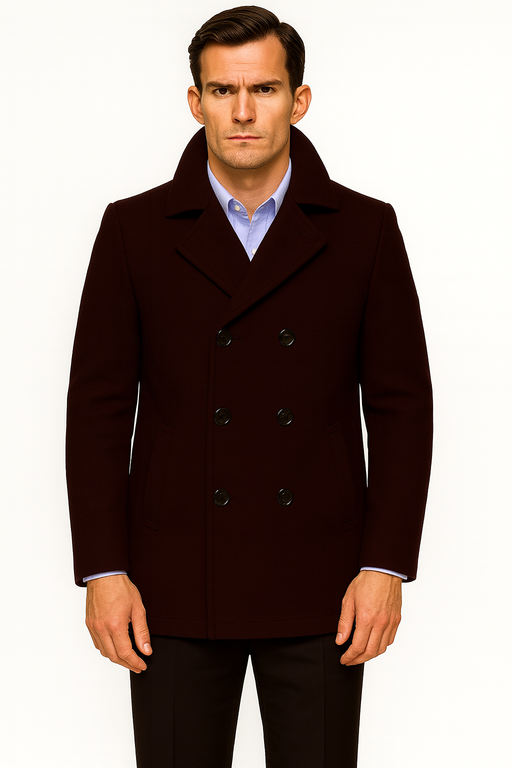 Men's Dark Brown  Wool Fabric Big and Tall Men's Peacoat