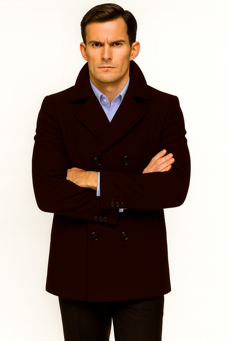 Men's Dark Brown  Wool Fabric Big and Tall Men's Peacoat