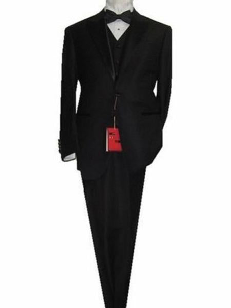 Mantoni Suit - Signature Menswear Wool Fabric SuitsOutlet - Brand Men's Peak Lapel 1 Button Solid Black Tuxedo Suit - High End Suits - High Quality Suits