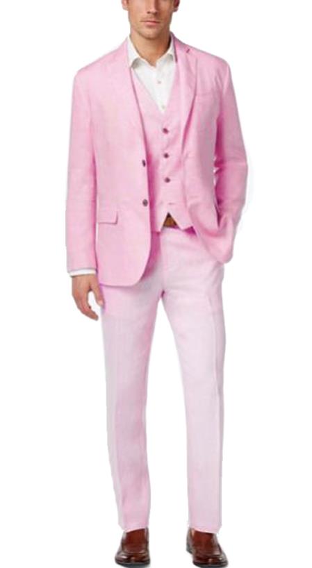 Alberto Nardoni Men'S Summer Baby Pink Color Linen Fabric Vested Three 3 Piece Suit Jacket + Vest+ Pants