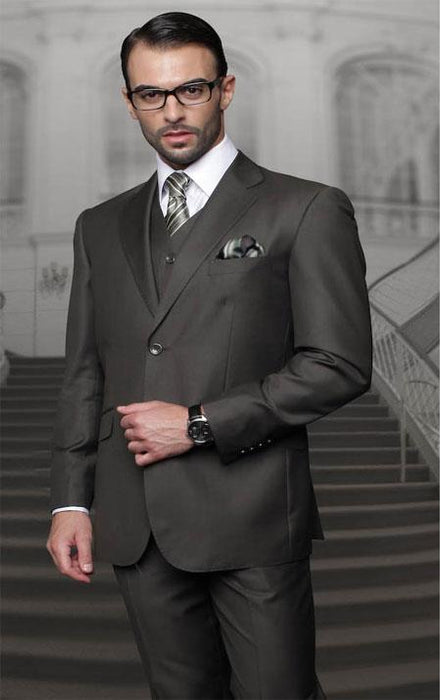 Men'S Olive Two Buttons Vested Wool Tailored Fit Suit