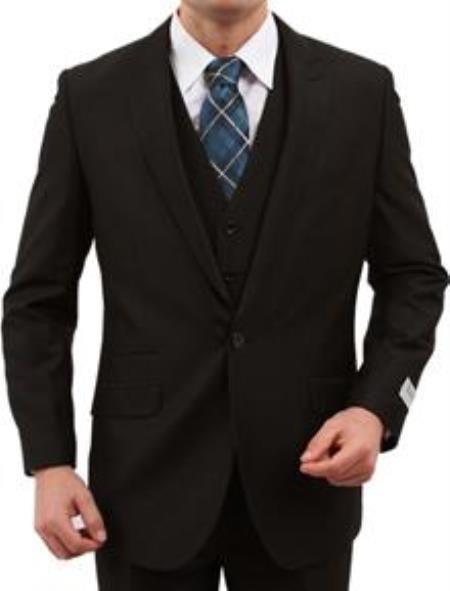 1Button Vested Peak Lapel Vested 3 Piece With Sharskin Slim Skinny Fitted Black