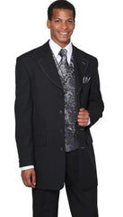 Mens 4 Buttons Long Vested Single Breasted Fashion Suit in Black with Silver Paisley Vest