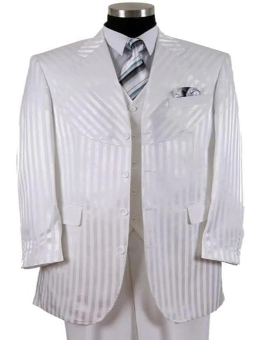 Mens 4 Buttons Notch Label Semi Wide Leg Shiny Tonal Stripe Fashion Suit in White