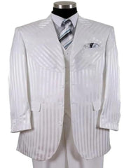 Mens 4 Buttons Notch Label Semi Wide Leg Shiny Tonal Stripe Fashion Suit in White