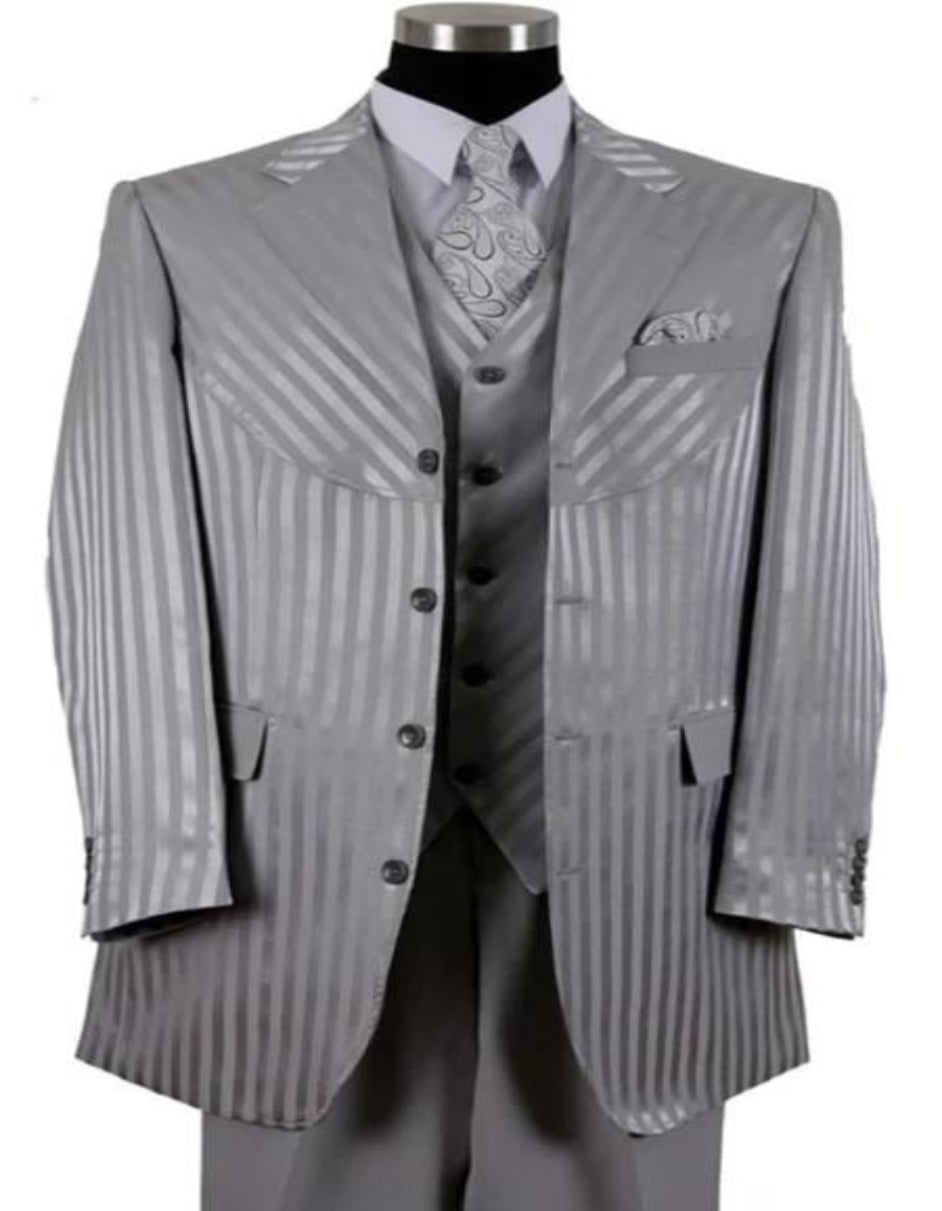 Mens 4 Buttons Notch Label Semi Wide Leg Shiny Tonal Stripe Fashion Suits in Silver