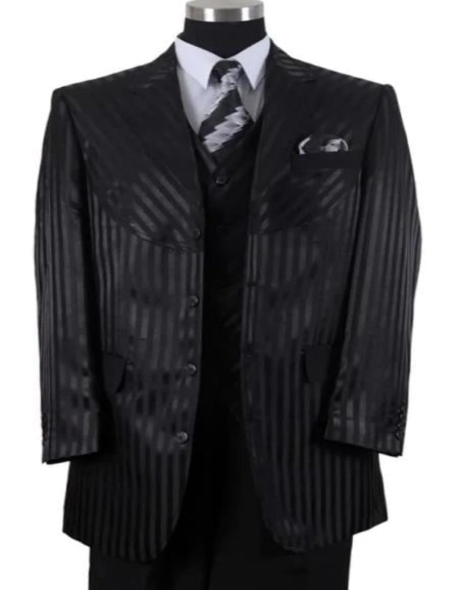 Mens 4 Buttons Semi Wide Leg Shiny Tonal Stripe Notch Label Fashion Suit in Black
