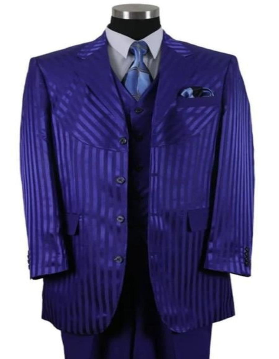 Mens 4 buttons Semi Wide Leg Shiny Tonal Stripe Single Breasted Fashion Suit in Navy Blue