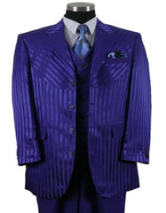 Mens 4 buttons Semi Wide Leg Shiny Tonal Stripe Single Breasted Fashion Suit in Navy Blue