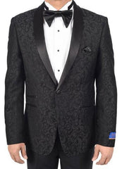 Men'S Super 150'S Viscose Blend 1 Button Black Tuxedo Modern Geometric Pattern Satin Shawl Lapel Dinner Jacket