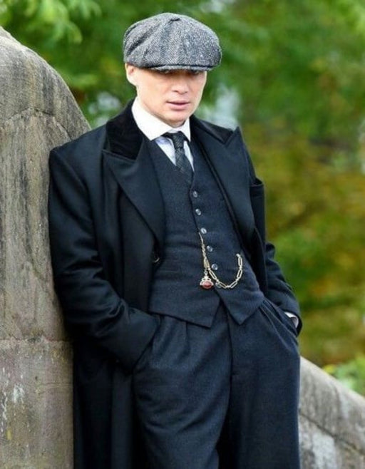 Men's Black Collar Viscose Lining Peaky Blinders Suits - Peaky Blinders Outfits + Overcoat + Hat (Peaky Blinder Custome)