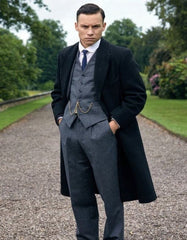 Men's Black Full-length Sleeves Buttoned Closure Peaky Blinders Suit - Peaky Blinders Outfit + Overcoat + Hat (Peaky Blinders Custome)