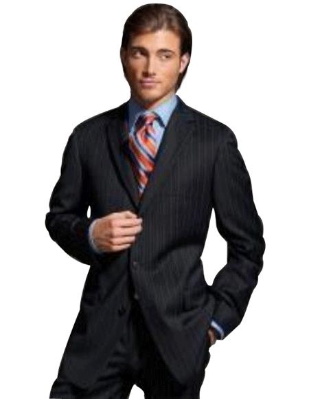 Black Pinstripe 3 Button Super 140's poly~rayon Three ~ 3 Buttons style