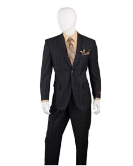 Men's Black Two Buttons Plaid ~ Window Pane Cheap Priced Business Suits Clearance Sale Pleated Pants Regular Cut