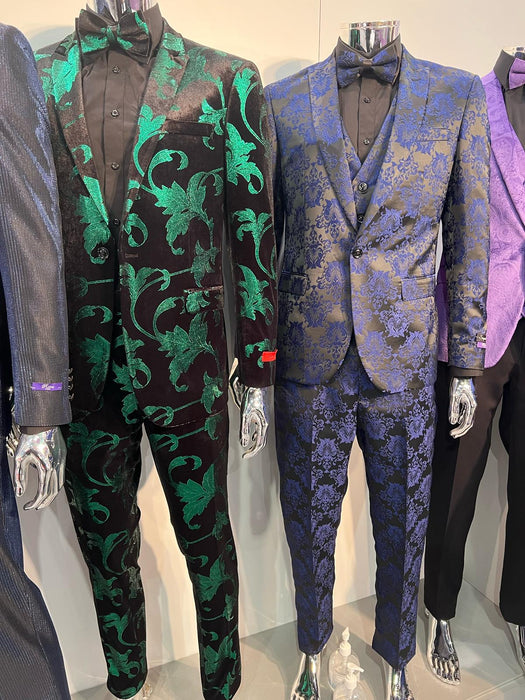 Mens Black and Emerald Green Velvet Floral Tuxedo Suit – Slim Fit 2 Piece Formalwear for Weddings and Events Slim Fitted