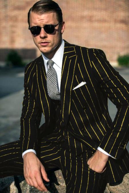 Men's Black and Gold Pinstripe Suit. Available in with double breasted vest