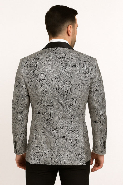 Mens Black and Silver Paisley Tuxedo with Satin Lapel and Bow Tie – Formal Party Suit