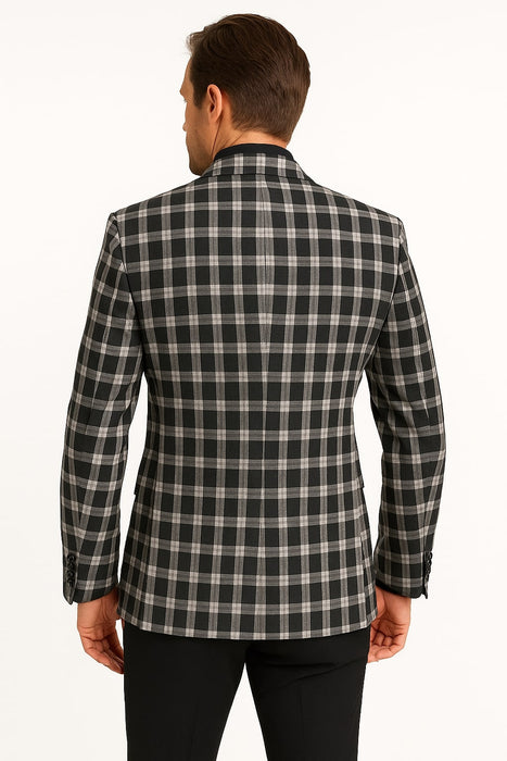 Mens Black and White Plaid Blazer – Modern Fit Checkered Windowpane Pattern Business Sport Coat