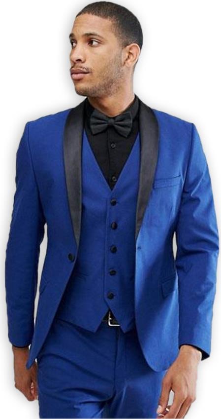 Men's Blue 1 Button Shawl Lapel  Slim Fit Vested Suit