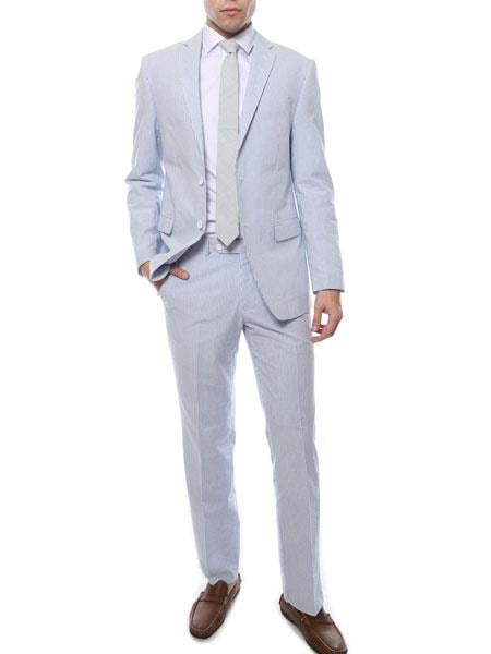 Men's Blue 2 Piece Comfort Cotton Slim Fit Seersucker Sear sucker Cotton Suit