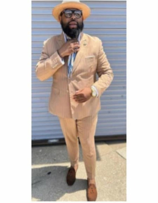 Mens "Bronze - Tan Pinstripe - Camel" Double Breasted Pinstripe Suit - Flat Front Pant