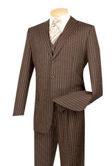 Men's Brown Stripe ~ Pinstripe Vested 3 Piece three piece suit - Jacket + Pants + Vest