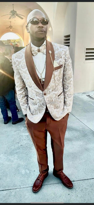 Mens Champagne Paisley Tuxedo with Brown Satin Lapel and Pants – Formal Wedding Suit with Chain Brooch