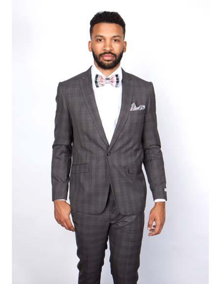 Men's Rossiman Rossi Man Brand Charcoal Plaid Tapered Leg Lower Rise Pants & Get Skinny 1 Button Slim Fits Peak Lapels Suit