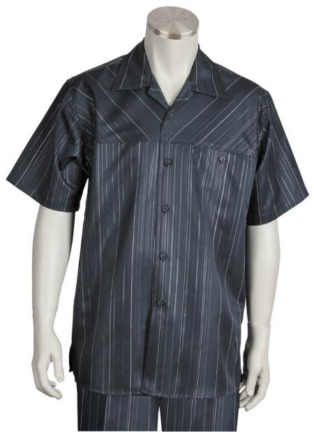 Men's Cross Striped Short Sleeve Black Single Left Side Pocket