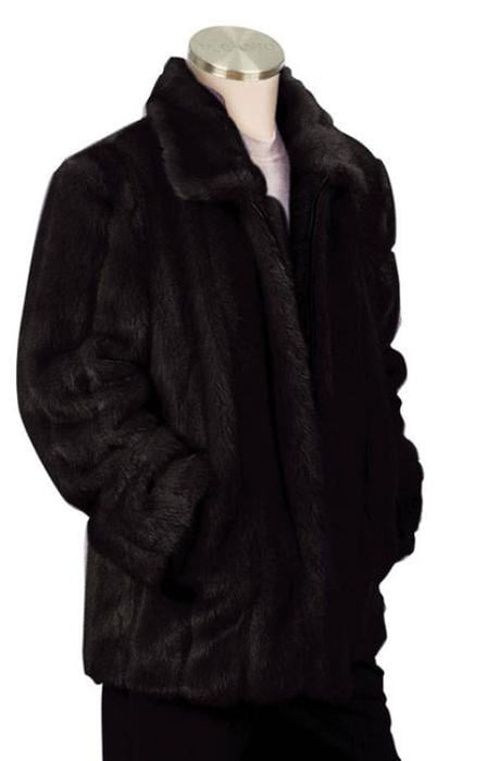 Men's Stylish Faux Fur 3/4 Length Coat Black