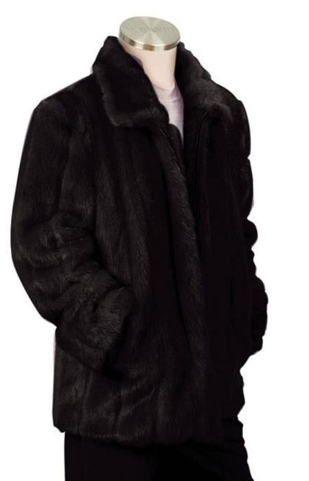 Men's Stylish Faux Fur 3/4 Length Coat Black