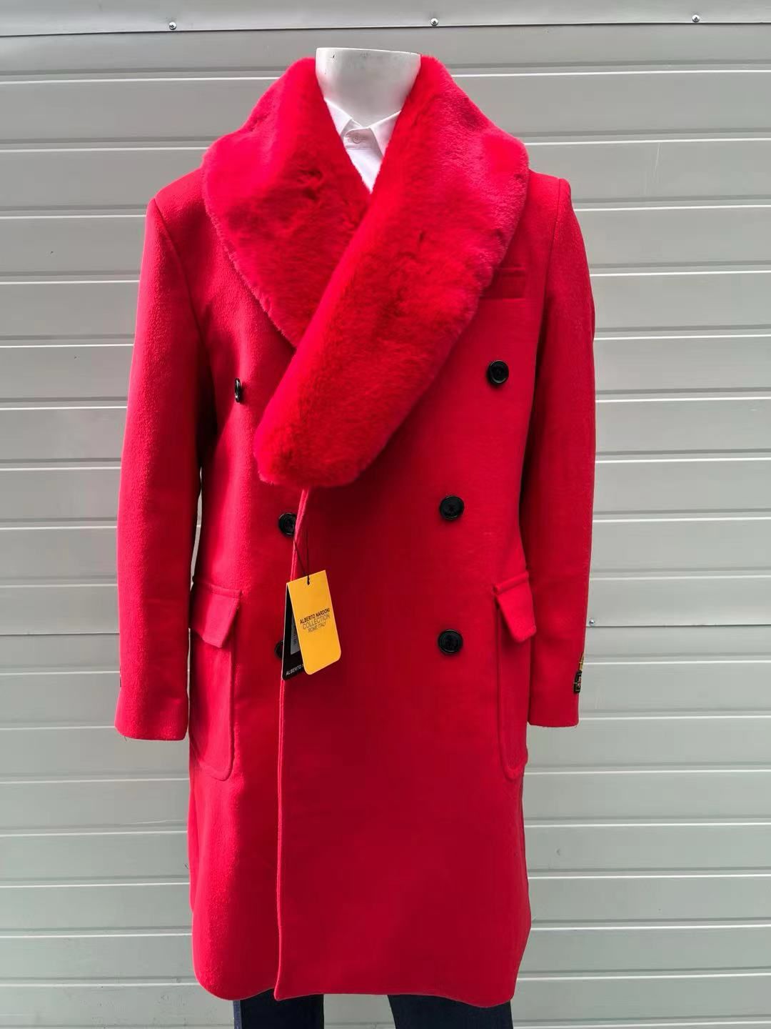 Mens Double Breasted Red Overcoat with Bold Red Faux Fur Collar – Alberto Nardoni Luxury Winter Coat - Image 4