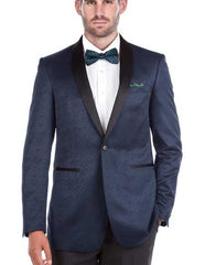 Men's Shawl Collar Blue Textured Double Vent Tuxedo Slim Fit Blazer