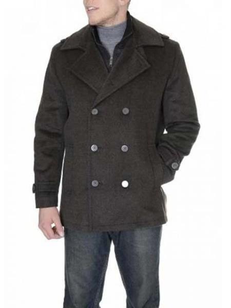 Men's Dress Coat Double Breasted Six Button Herringbone Brown Peacoat