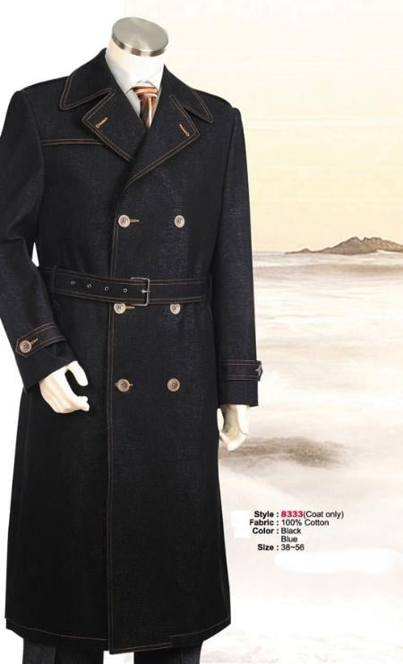 Men's Dress Coats Double Breasted Overcoat denim Jean Fabric Belted Full Length
