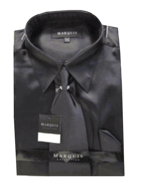 Fashion Cheap Priced Sale Men'S New Black Satin Dress Shirt Combinations Set Tie Combo Shirts Men'S Dress Shirt