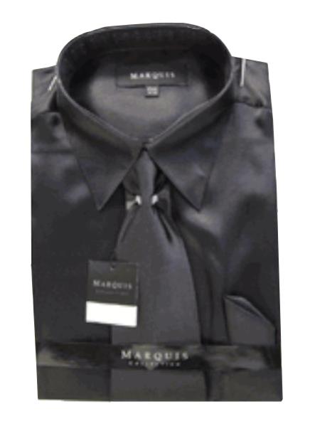 Fashion Cheap Priced Sale Satin Black Dress Shirt Combinations Set Tie Hanky Set Men'S Dress Shirt