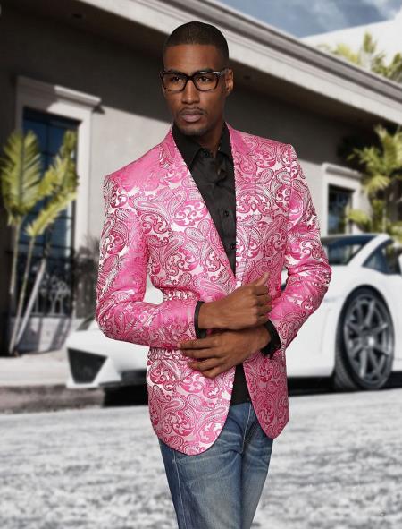 Alberto Nardoni Brand Fashion Men'S Shiny Fuchsia ~ Black Lapel Blazer Fashion Pink Sportcoat