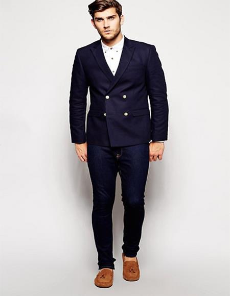 Men's Four Button Solid Black Men's Double Breasted Suits Jacket Blazer