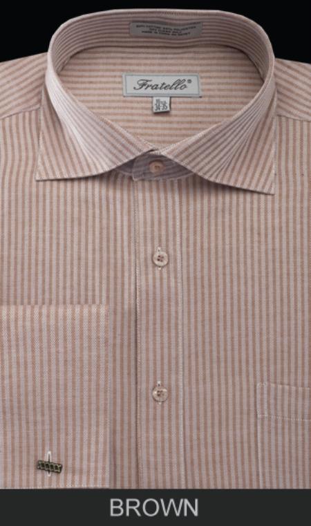 Men's Brown Classic Type Stripe  French Cuff Dress Shirt - Striped Dress Shirt - Mens Pinstripe Dress Shirt