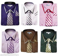 Classic French Cuff With Tie And Handkerchief Style Multi-Color Men's Dress Shirt With Tie