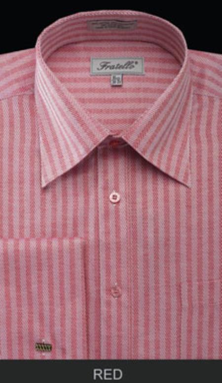 Fratello French Cuff Red  - Herringbone Tweed Stripe Big and Tall Sizes 18 19 20 21 22 Inch Neck Men's Dress Shirt
