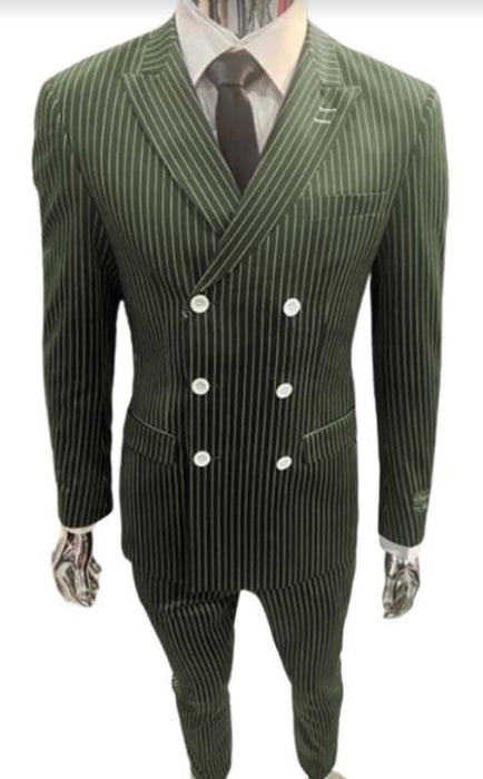 Mens Gangster Suit - 1920s Style 6 Buttons Style Contrast Buttons Pinstripe Suit Olive Green