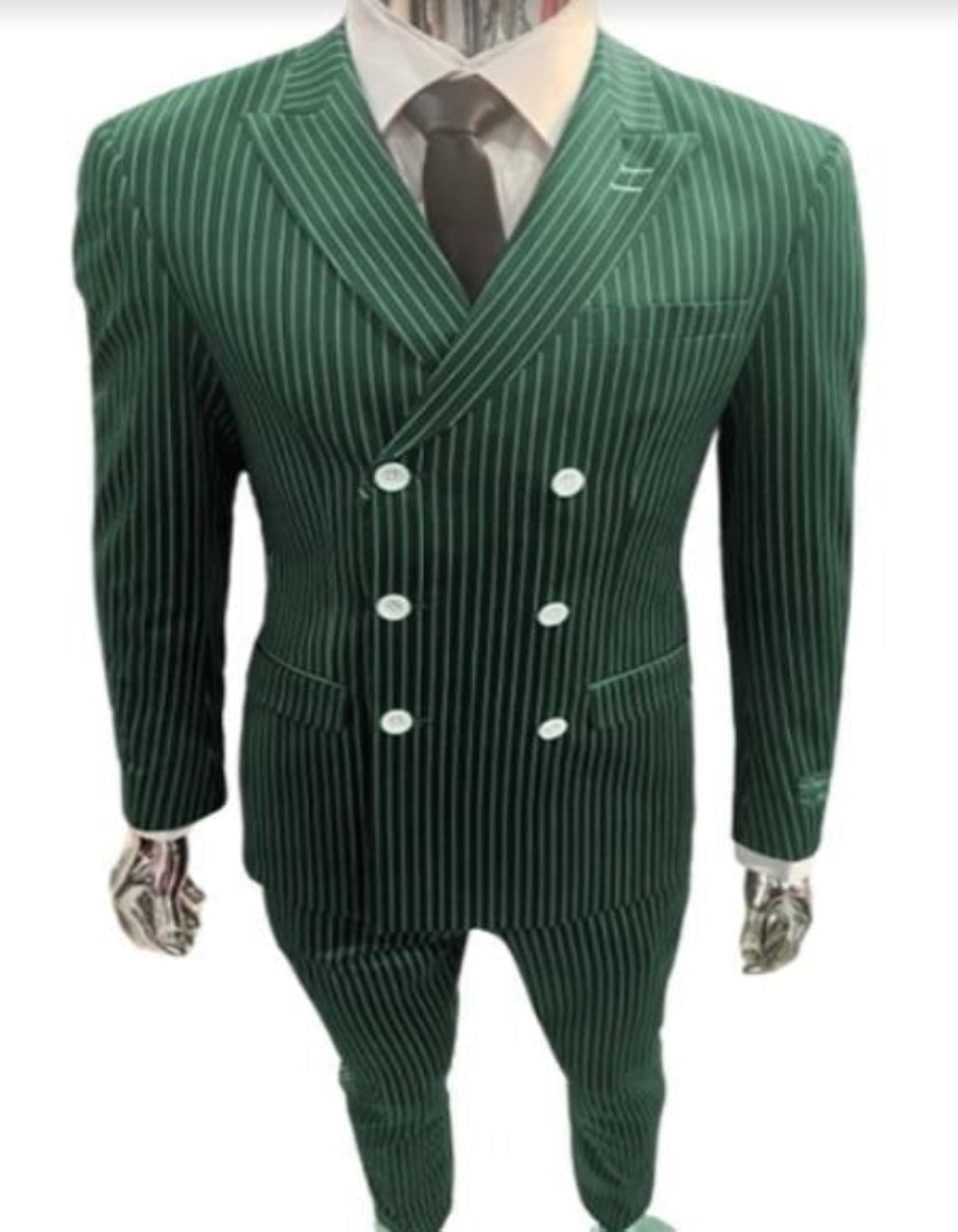 Mens Gangster Suit - 1920s Style 6 Buttons Style Contrast Buttons Pinstripe Suits Hunter Green