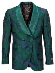 Mens Green Tuxedo Jacket with Floral Pattern Shawl Lapel Double Breasted - Blazer