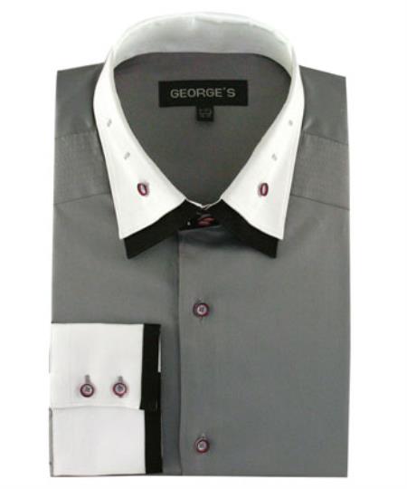 Double Spread Collar 100% Cotton Solid  Grey Men's Dress Shirt